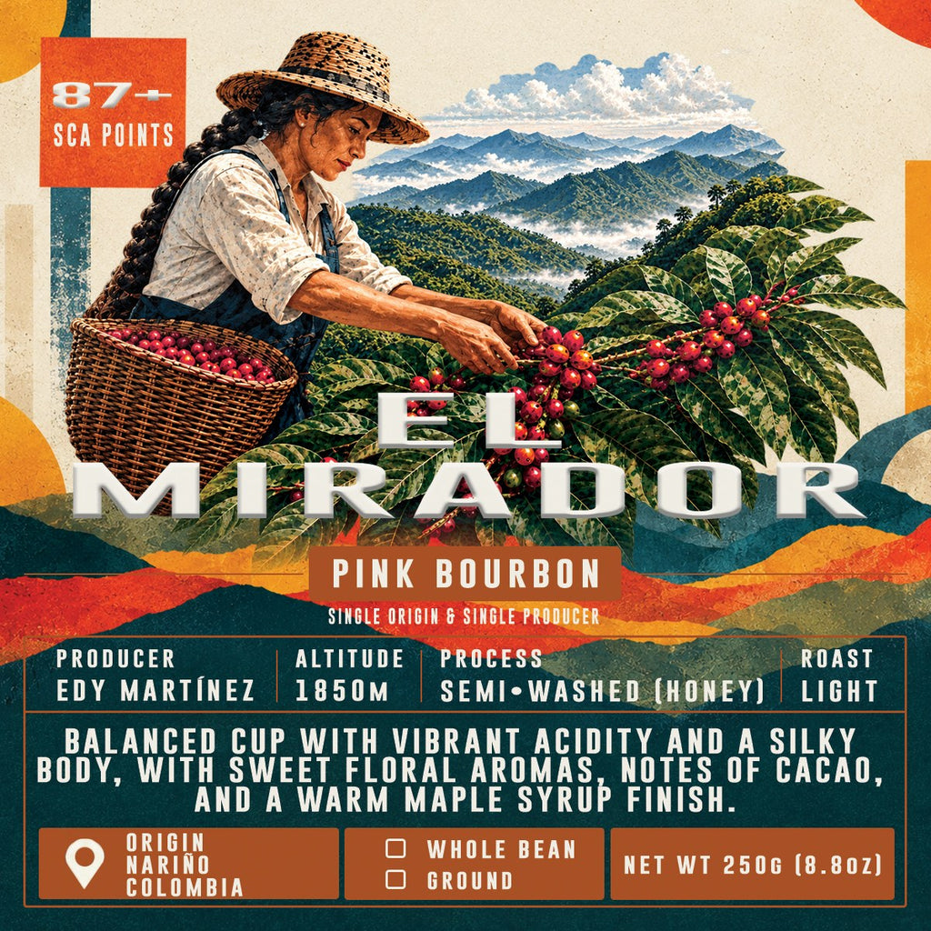 El Mirador label: Edy Martínez's micro-lot, Nariño, Colombia. Pink Bourbon, honey processed, light roast, 87+ SCA points. 250 g bag.