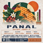 Panal label: Santa Marta community lot, Nariño, Colombia. Castillo F4, washed, medium roast, 86 SCA points. 250 g bag.
