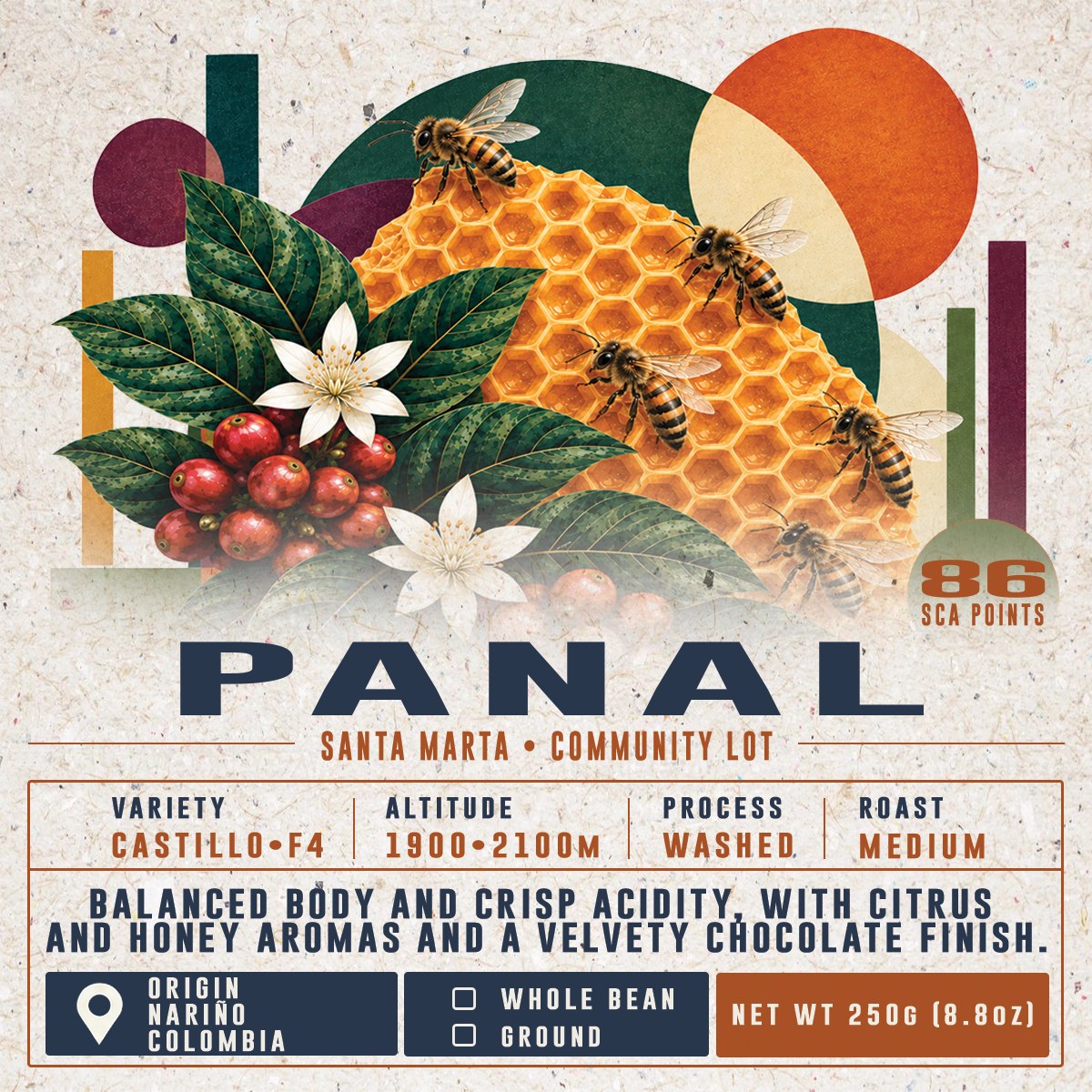 Panal label: Santa Marta community lot, Nariño, Colombia. Castillo F4, washed, medium roast, 86 SCA points. 250 g bag.
