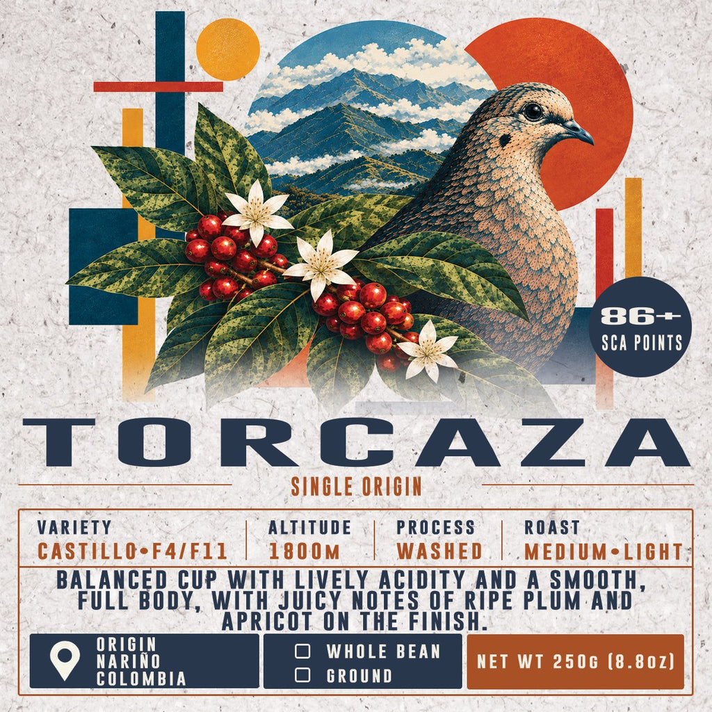 Torcaza label: El Placer, Nariño, Colombia. Castillo F4 and F11, washed, medium-light roast, 86+ SCA points. 250 g bag.