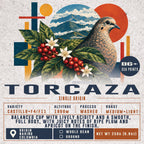 Torcaza label: El Placer, Nariño, Colombia. Castillo F4 and F11, washed, medium-light roast, 86+ SCA points. 250 g bag.